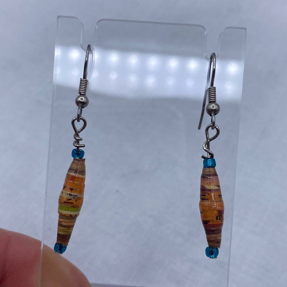 Handmade Rolled Paper Blue Bead Drop Earrings Orange Accents Boho Upcycled Hip
